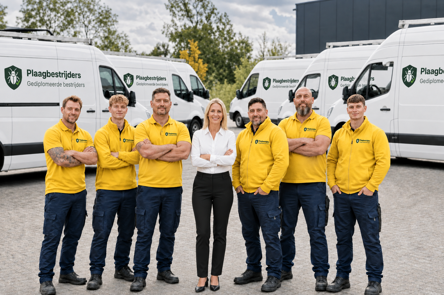 Het team van gediplomeerde bestrijders van Plaagbaas voor hun servicebussen